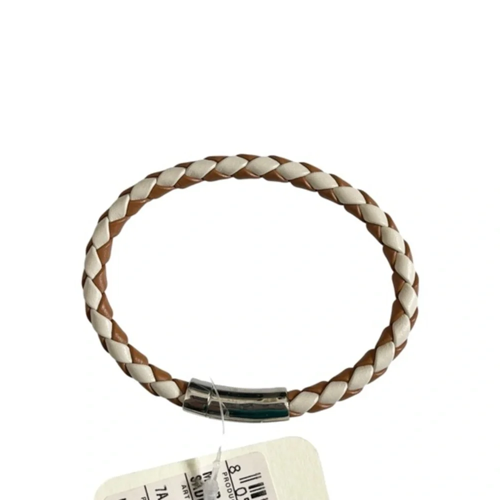 Fendi NWT Braided‎ Leather Bracelet Large Saddle Camelia Palladium Clasp
